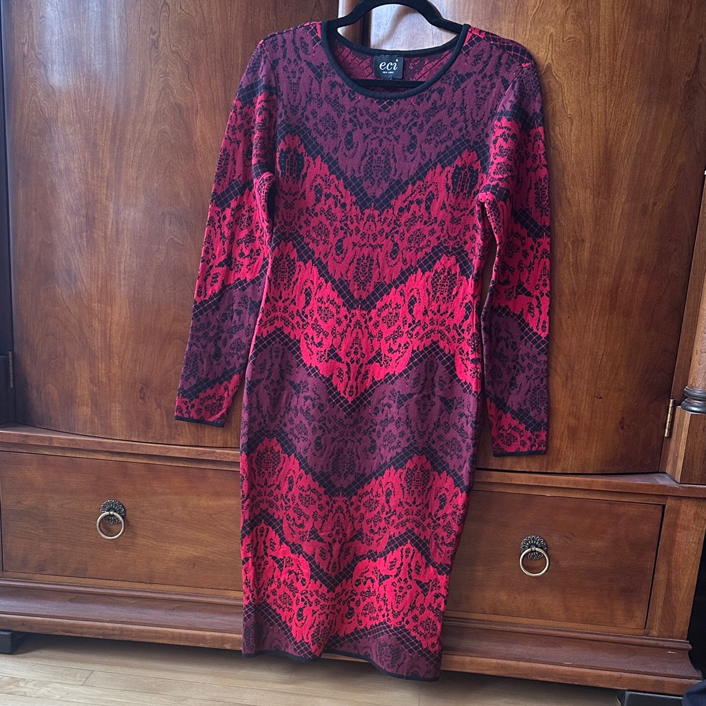 Eci Red And Black Long Sleeve Knit Dress Nwt
